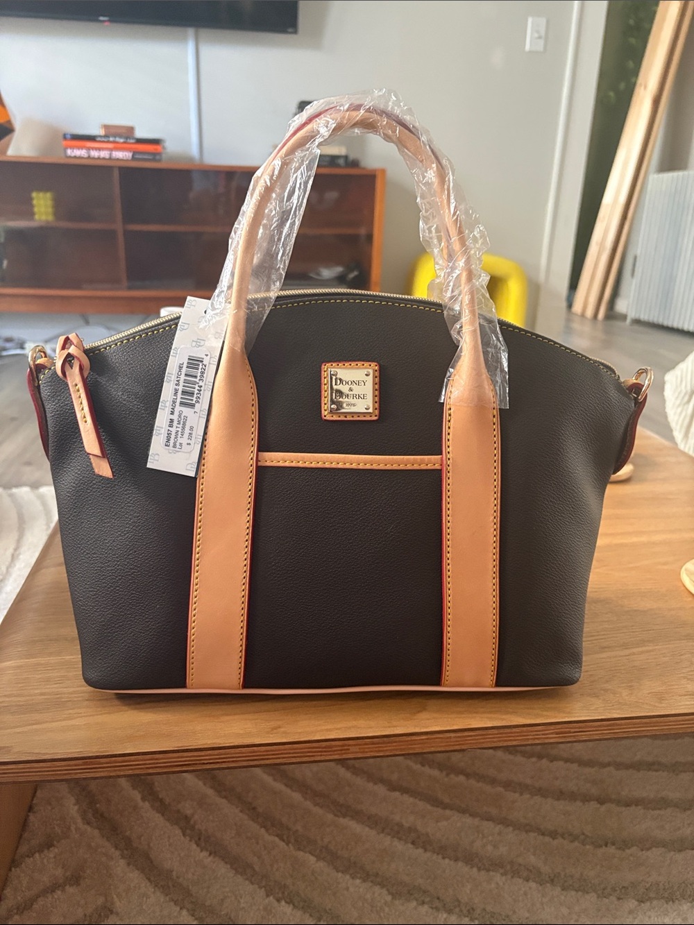 NWT!!! Dooney & Bourke Black Dome Satchel with Tan Trim and Gold Logo